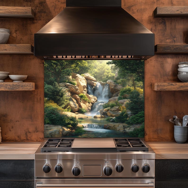 May include: A stainless steel gas range with a black range hood and a backsplash featuring a waterfall scene. The kitchen has wooden shelves and a copper-colored wall.