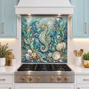 May include: A square kitchen backsplash panel featuring a detailed illustration of a seahorse surrounded by swirling blue and green ocean waves, various seashells, and scattered white pearls, set against a backdrop of intricate aquatic patterns.