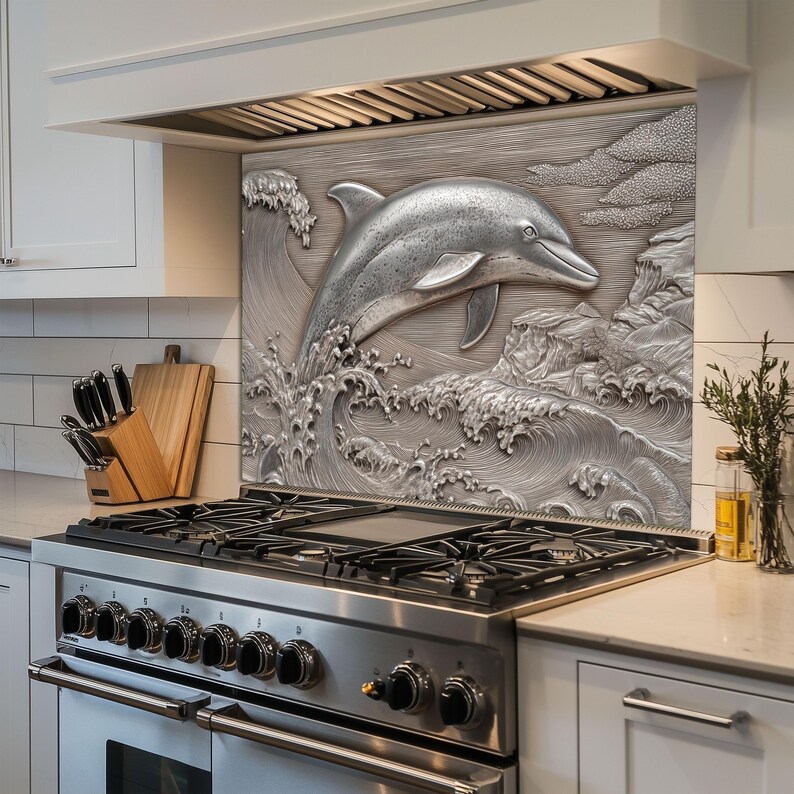 May include: A stainless steel kitchen range with a decorative backsplash featuring a 3D relief of a dolphin leaping from ocean waves. The backsplash is silver and adds a nautical theme to the kitchen.