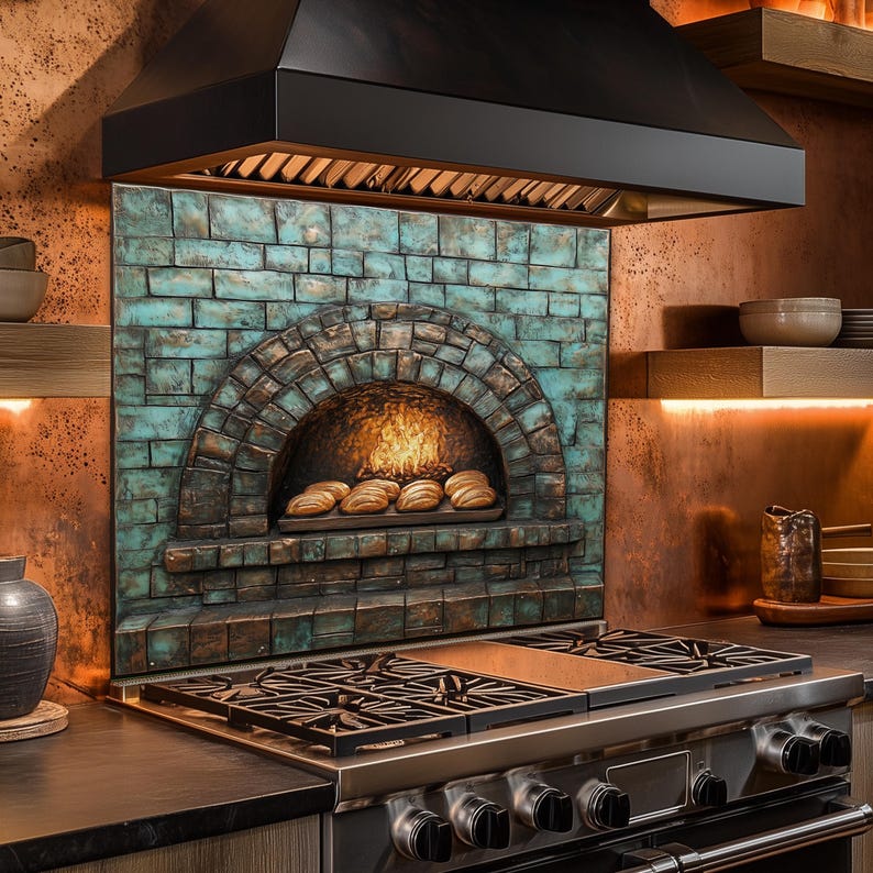 Puede incluir: Una cocina con una campana extractora negra sobre un protector contra salpicaduras con un dise&ntilde;o de horno de ladrillo. El horno tiene un fuego encendido en su interior con hogazas de pan en una bandeja. La cocina tiene un acabado de acero inoxidable.