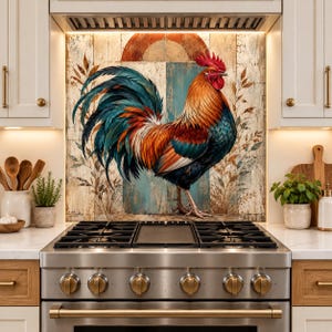 May include: A kitchen splashback panel featuring a vibrant rooster with orange, red, and dark blue feathers. The background displays a weathered, rustic wooden plank design with a painted arch and delicate leaf illustrations on both sides.