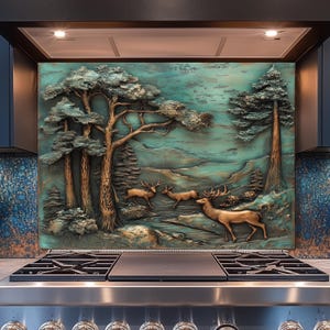 Rustic Deer Forest Tempered Glass Kitchen Backsplash: Heat Resistant
