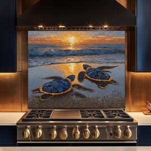 Bakstänkskydd i glas från havssköldpaddan: Väggpanel i köket Ocean Sunset Coastal