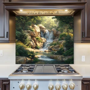 May include: A decorative kitchen backsplash featuring a scenic waterfall landscape. The image showcases a cascading waterfall surrounded by lush greenery and rocky terrain, creating a serene and natural ambiance.