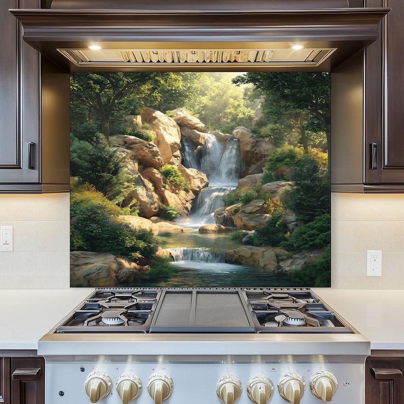 May include: A decorative kitchen backsplash featuring a scenic waterfall landscape. The image showcases a cascading waterfall surrounded by lush greenery and rocky terrain, creating a serene and natural ambiance.