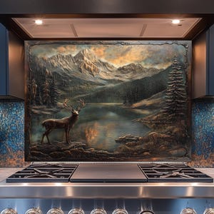 Deer and Mountain Kitchen Backsplash: Tempered Glass Wildlife Art