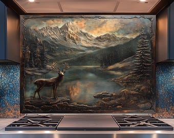 Deer and Mountain Kitchen Backsplash: Tempered Glass Wildlife Art