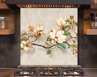 Magnolia Flower Tempered Glass Backsplash, Floral Kitchen Decor