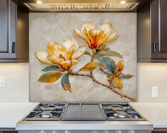 Magnolia Floral Tempered Glass Kitchen Backsplash, Botanical Wall Art