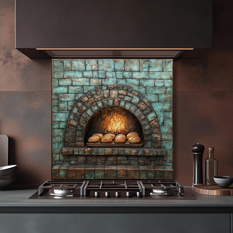 Puede incluir: Un protector de cocina con un dise&ntilde;o de horno de ladrillo en tonos turquesa y marr&oacute;n. El interior del horno brilla con una luz c&aacute;lida, y se ven varios panes. Una placa de gas est&aacute; en primer plano.