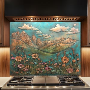 May include: A decorative kitchen backsplash featuring a mountain landscape with wildflowers. The artwork has a turquoise background with brown and orange mountains, white clouds, and colorful flowers in the foreground.