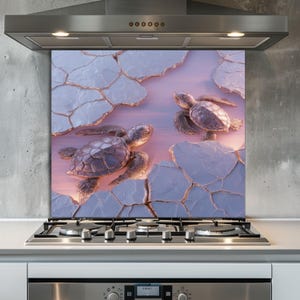May include: A decorative kitchen backsplash featuring a 3D rendering of two sea turtles swimming in a serene ocean scene. The turtles are detailed with a metallic finish, set against a backdrop of abstract, cracked rock formations and a pastel sunset.