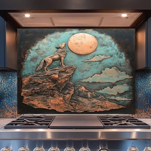 Puede incluir: Salpicadero de cocina decorativo con un lobo aullando bajo la luna llena. La obra de arte está ambientada sobre un fondo turquesa y marrón con nubes y montañas. El lobo está de pie sobre un acantilado rocoso.