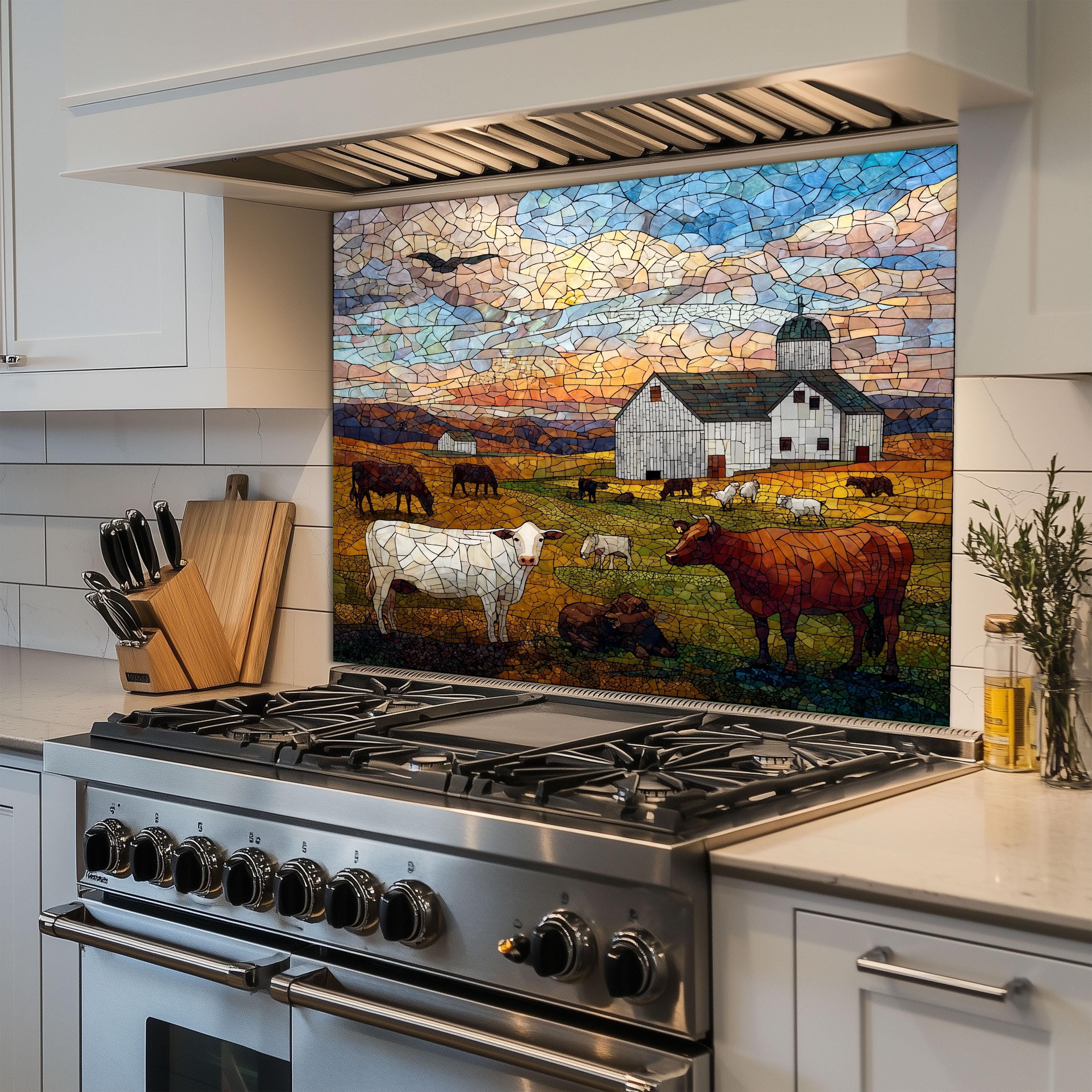 Farmyard Splashback Country Farm Glass Backsplash, Rustic Mosaic Kitchen Splashback Panel ...