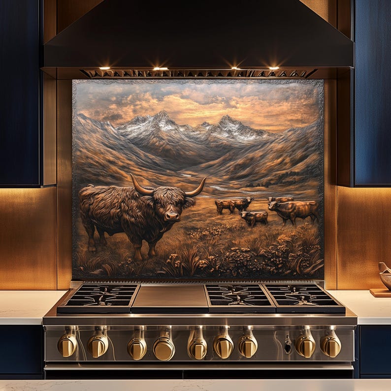 Puede incluir: Un protector contra salpicaduras de cocina con una vaca de las Highlands en un paisaje monta&ntilde;oso. La obra de arte est&aacute; en tonos marrones, dorados y grises, con una cocina de gas de acero inoxidable debajo. La escena incluye varias vacas y una puesta de sol.