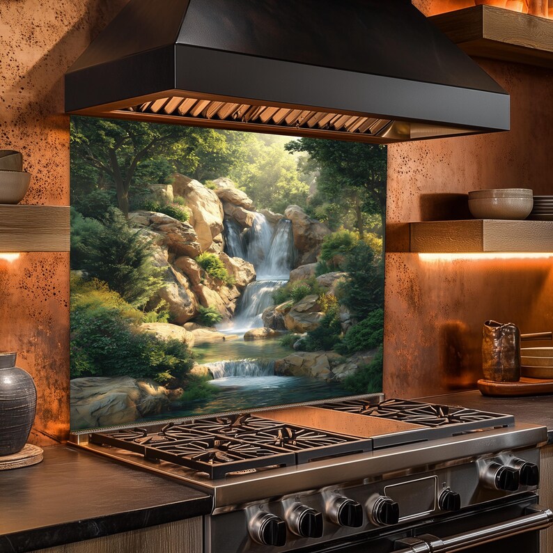May include: A kitchen range hood with a scenic waterfall image. The image features a cascading waterfall surrounded by lush greenery and rocky terrain. The range hood is black and sits above a stainless steel gas range.