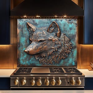 Puede incluir: Una escultura de cabeza de lobo en tonos cobrizos montada sobre una estufa de gas de acero inoxidable. La cabeza del lobo está detallada con un acabado texturizado y colocada sobre un fondo turquesa y cobrizo. La cocina presenta gabinetes oscuros y herrajes dorados.