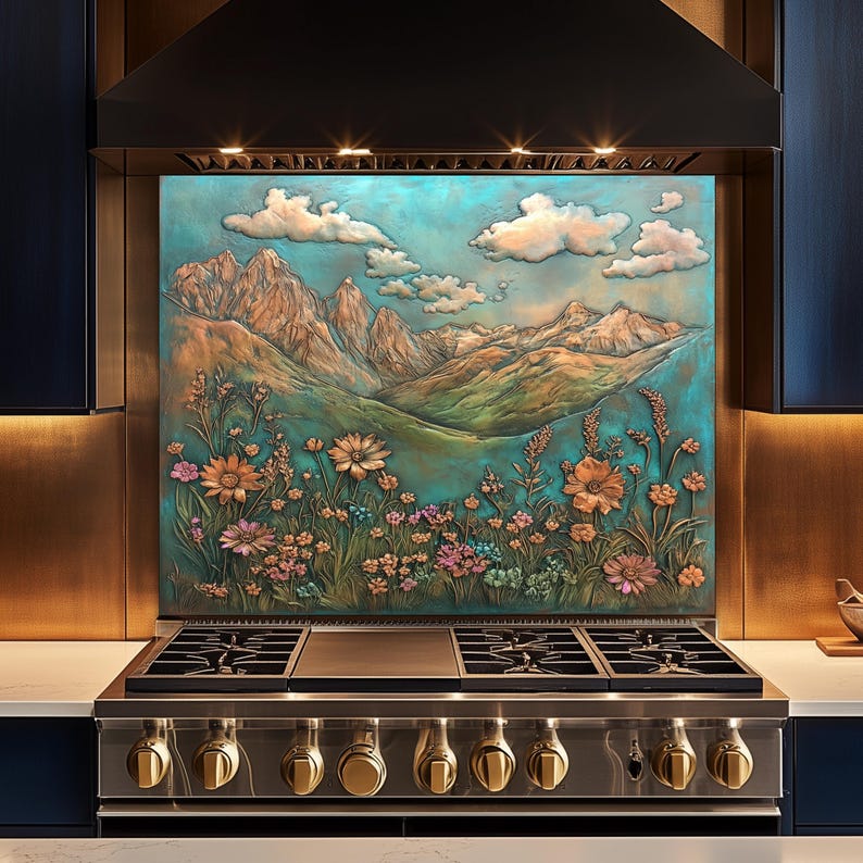 May include: A decorative kitchen backsplash featuring a mountain landscape with flowers and clouds. The artwork is in shades of teal, orange, and brown. The backsplash is installed above a stainless steel gas range with gold knobs.