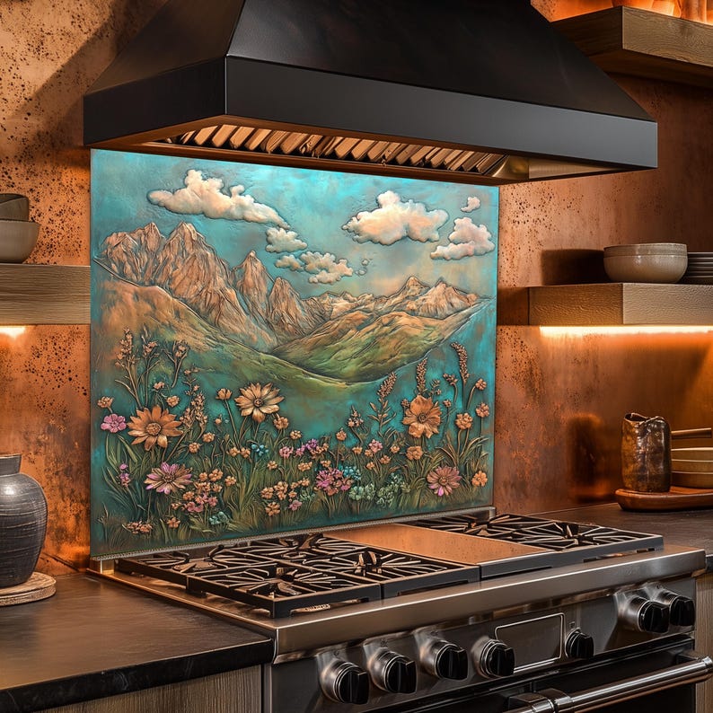 May include: A decorative kitchen backsplash featuring a mountain landscape with flowers and clouds. The artwork is in shades of blue, green, and brown. The backsplash is installed behind a stainless steel gas range with a black range hood.