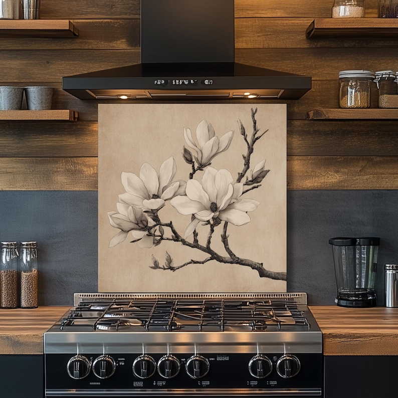 Magnolia Glass Backsplash, Floral Kitchen Splashback Panel, Elegant ...
