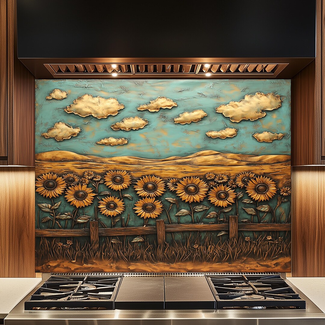 Sunflower Field Tempered Glass Kitchen Backsplash: Farmhouse Stove ...