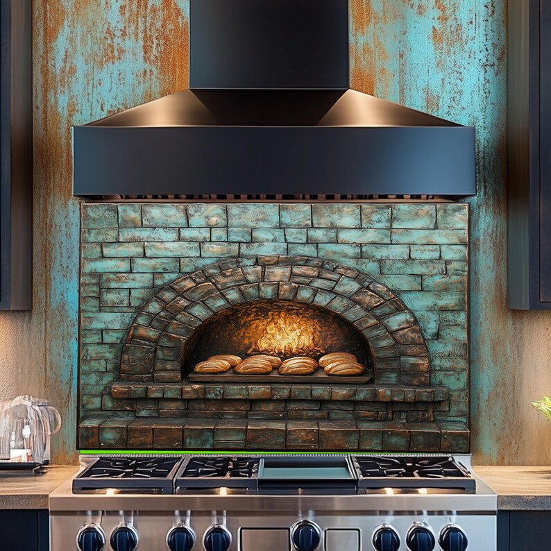 Puede incluir: Una campana extractora de cocina sobre un horno de ladrillo con hogazas de pan horne&aacute;ndose en su interior. El horno es de ladrillo desgastado con una combinaci&oacute;n de colores turquesa y marr&oacute;n. La campana es negra y la estufa es de acero inoxidable.