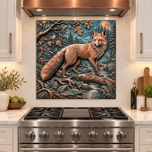 Copper Fox Glass Backsplash, Rustic Woodland Kitchen Art, Wildlife Stove Decor