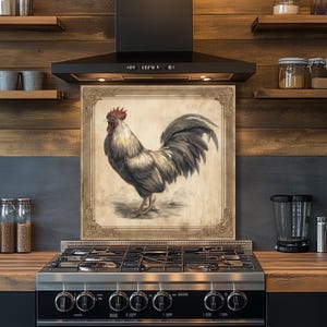 May include: A framed print of a rooster in a kitchen setting. The rooster is depicted in shades of gray and white with a red comb and wattle. The print is set against a neutral background with a decorative frame. The kitchen features a stainless steel stove and wooden shelves.
