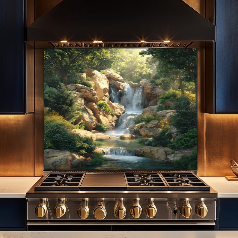 May include: A kitchen backsplash featuring a serene waterfall scene with lush greenery and rocky cliffs. The image is framed by a stainless steel range with gold-toned knobs and a black range hood, creating a harmonious blend of nature and modern design.