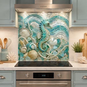 May include: A decorative kitchen backsplash mural featuring a central seahorse surrounded by various seashells, pearls, and translucent teal glass pieces. The mosaic design incorporates wavy patterns in shades of blue and green, creating an underwater scene.