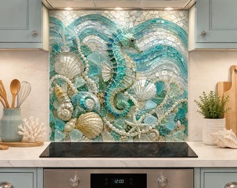 Salpicadero de cristal con diseño de caballito de mar, panel de cocina de mosaico costero color aguamarina, protector contra salpicaduras de cocina con conchas marinas color perla, cuadro de pared de vidrio templado personalizado.
