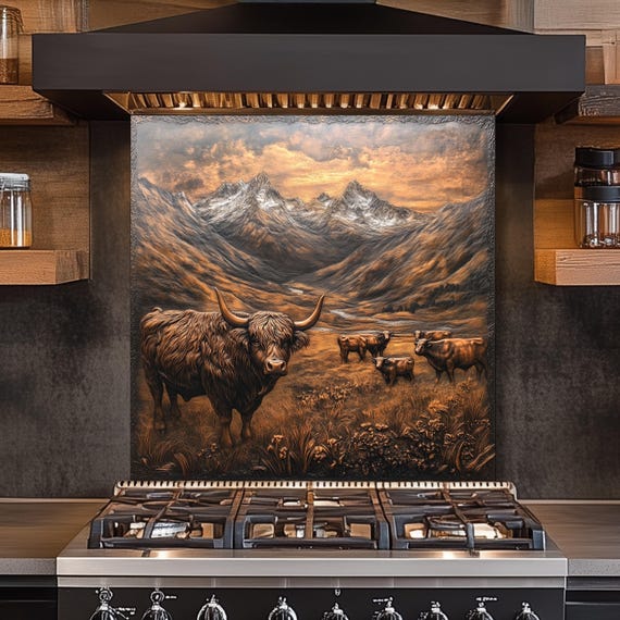 Highland Cow Tempered Glass Kitchen Backsplash: Heat & Shatter Resistant