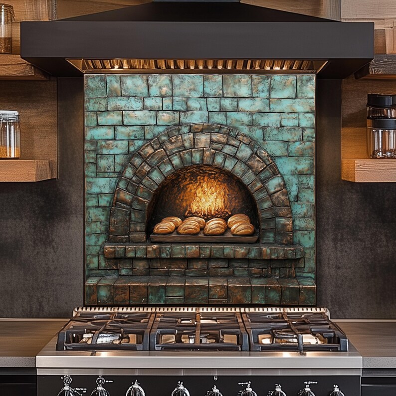 Puede incluir: Un protector contra salpicaduras de cocina decorativo con un dise&ntilde;o de horno de ladrillo en tonos turquesa y marr&oacute;n. El interior del horno muestra un fuego con hogazas de pan en una bandeja de madera. La imagen incluye una estufa de gas y estantes de madera.