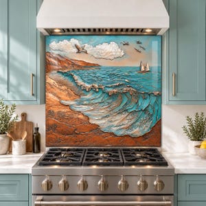 Coastal Beach Wave härdat glas bakstänkskydd: Värmebeständig köksinredning