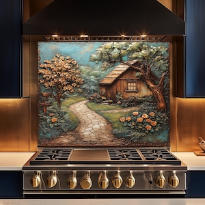 Op de afbeelding: Een decoratieve keukenachterwand met een 3D-reliëfdesign van een huisje in een bosrijke omgeving. De achterwand heeft een stenen pad dat naar het huisje leidt, omringd door bomen en bloemen.