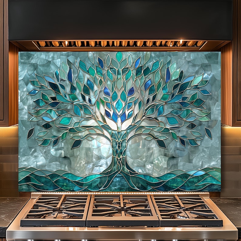 Ocean Tree of Life Tempered Glass Backsplash – Mosaic Kitchen Wall Art ...