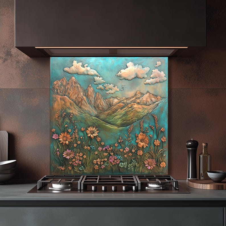 May include: A decorative kitchen backsplash featuring a mountain landscape with wildflowers. The artwork has a turquoise background with tan mountains and fluffy white clouds. The foreground is filled with colorful flowers.