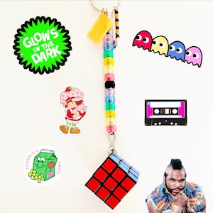 Rubik's Cube/Cassette Charm/Friendship Pin w/ Glow in the Dark Beads!