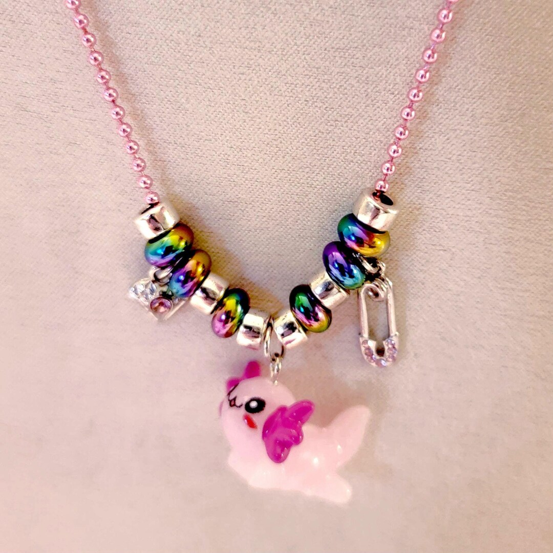 Pink Axolotl/diamond/safety Pin Ball Chain Charm Necklace - 18