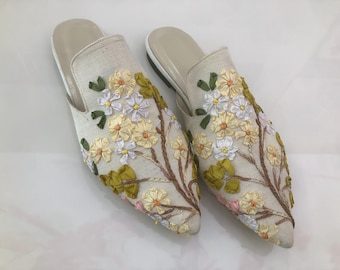 Custom Design Hand Embroidered Silk Slippers - Genuine Leather Sole