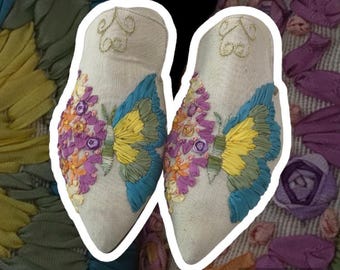 Handmade Silk Ribbon Embroidered Leather Slippers - Unique Design