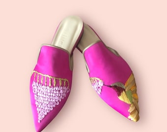 Elegant Hand Embroidered Silk Slippers - Hummingbird and Floral Design, 100% Handmade, Unique Design
