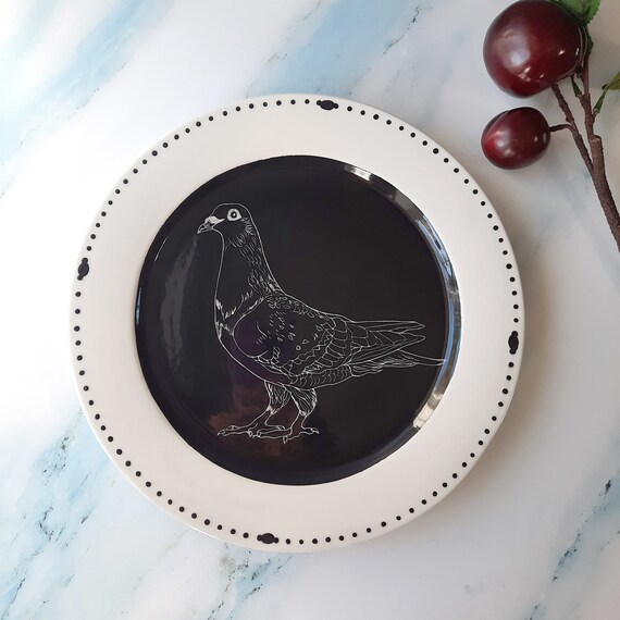 New! Black & White BIRDY WARE 12" Plate: Pigeon Racing To My Heart