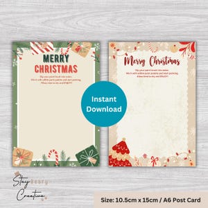 Puede incluir: Dos postales navideñas A6. La tarjeta izquierda tiene un borde verde con el texto "MERRY CHRISTMAS" e ilustraciones de regalos. La tarjeta derecha tiene un fondo beige con el texto "Merry Christmas" y una ilustración de árbol de Navidad rojo. Ambas tarjetas tienen el texto "Instant Download".