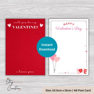 May include: Two Valentine's Day postcards. One is red with white text: "will you be my VALENTINE?" and "i love you." The other is white with pink text: "HAPPY Valentine's Day." Includes pink hearts and balloons. Size: 10.5cm x 15cm.