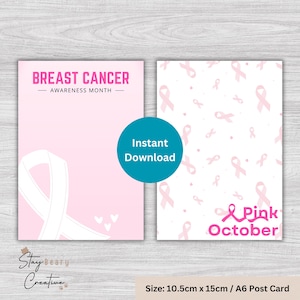 May include: A pink and white postcard design for Breast Cancer Awareness Month. The left side features a large white ribbon and the text "BREAST CANCER - AWARENESS MONTH". The right side has a pattern of pink ribbons and the words "Pink October". Size: 4.1 x 5.9 inches.