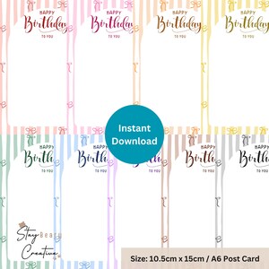 May include: A set of eight rectangular birthday cards featuring vertical stripes in various pastel colours, each with a white central arch, a bow pattern, and the text Happy Birthday to you. The cards measure 10.5 cm by 15 cm, or A6 size.