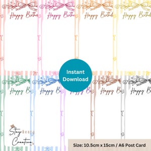 May include: A set of eight rectangular birthday card templates featuring vertical stripes and a bow illustration at the top. Each card displays the text Happy Birthday in cursive script. A teal circle with the text Instant Download is centred. Size: 10.5cm x 15cm.