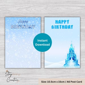 Può includere: Due biglietti di compleanno blu con le parole "Happy Birthday" in un motivo a fiocco di neve. Un biglietto presenta un'illustrazione di un castello. I biglietti misurano 10,5 cm x 15 cm e sono etichettati come cartoline A6. Download istantaneo.