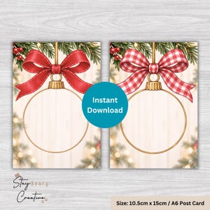 May include: Two rectangular cards measuring 10.5 cm by 15 cm, each featuring a gold-outlined Christmas ornament with a bow. One ornament has a solid red bow, the other a red and white gingham bow. Both include the text Instant Download.